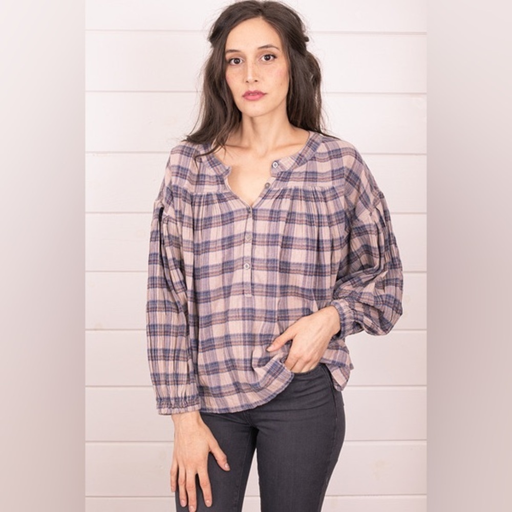 Free People Plaid Jessie Henley Peasant Blouse Top